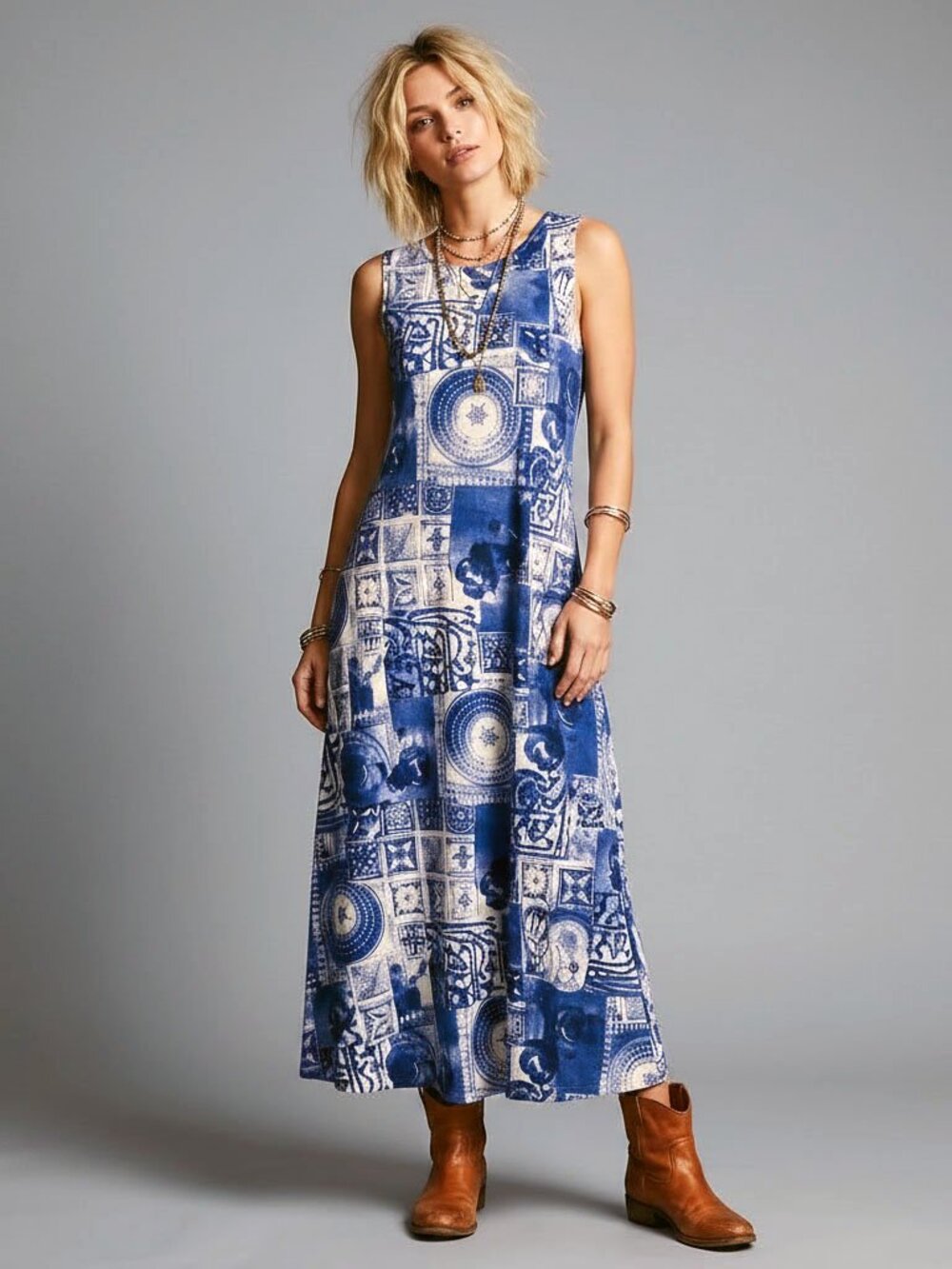 S M Vintage 1990s STREET CODE Blue Abstract Patterns Maxi Dress 90s Y2K